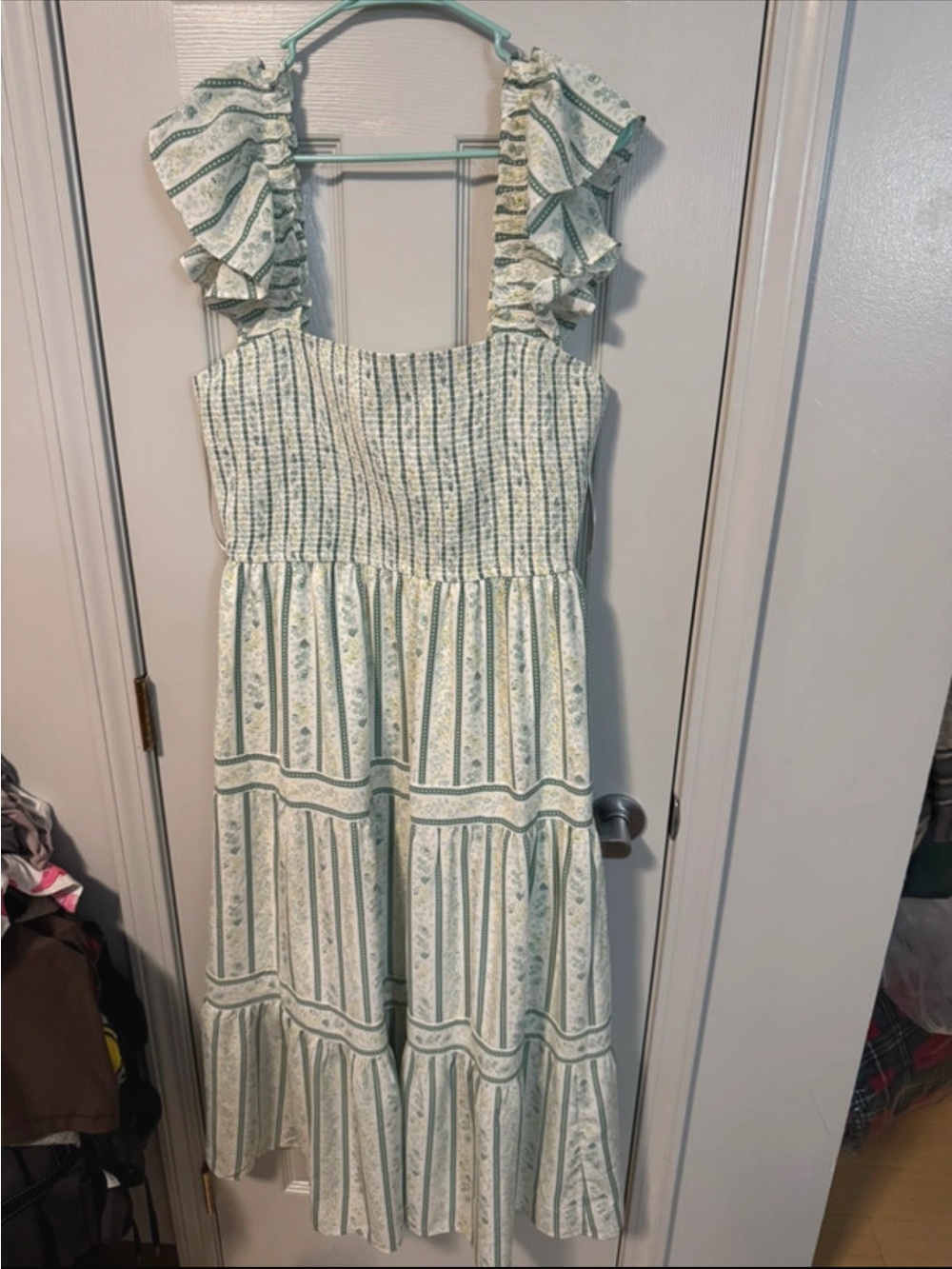 Light Green Floral Midi Dress with Ruffled Straps